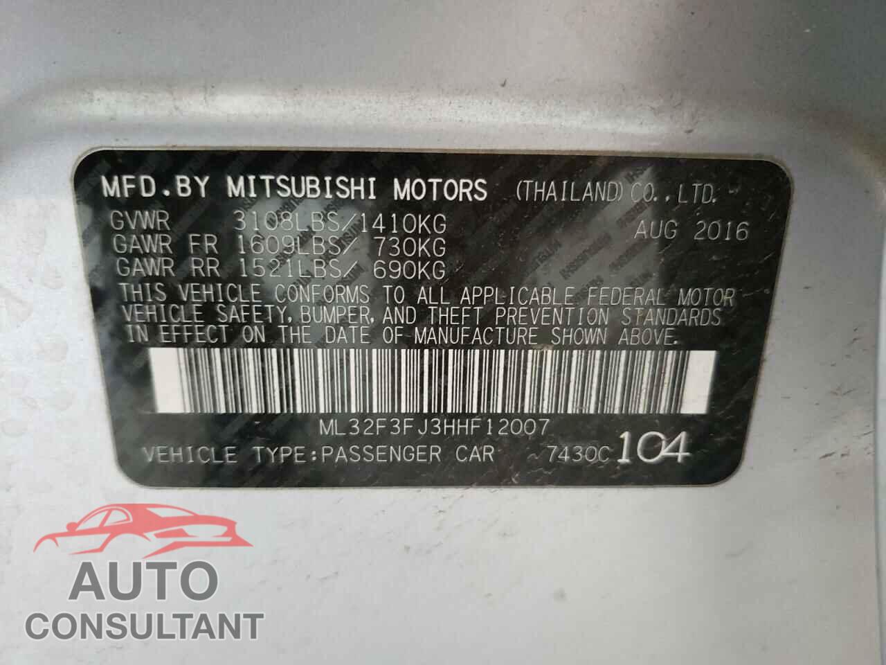 MITSUBISHI MIRAGE 2017 - ML32F3FJ3HHF12007