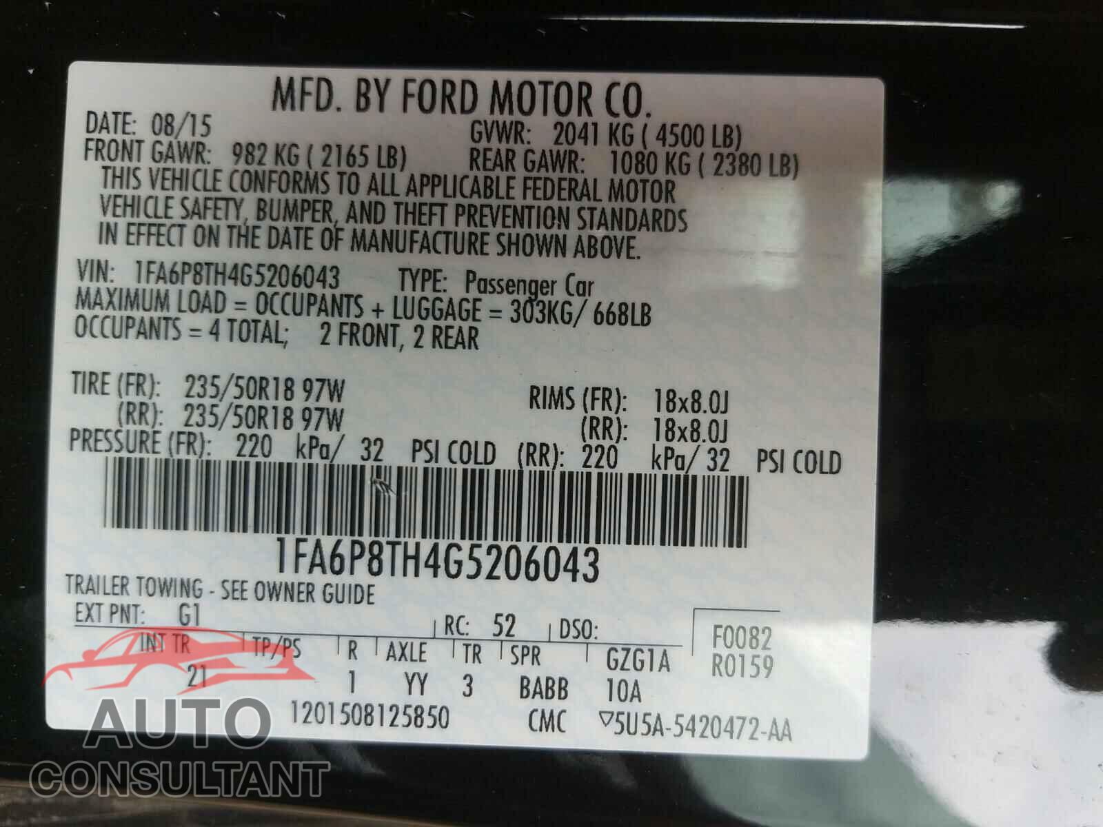 FORD MUSTANG 2016 - 1FA6P8TH4G5206043