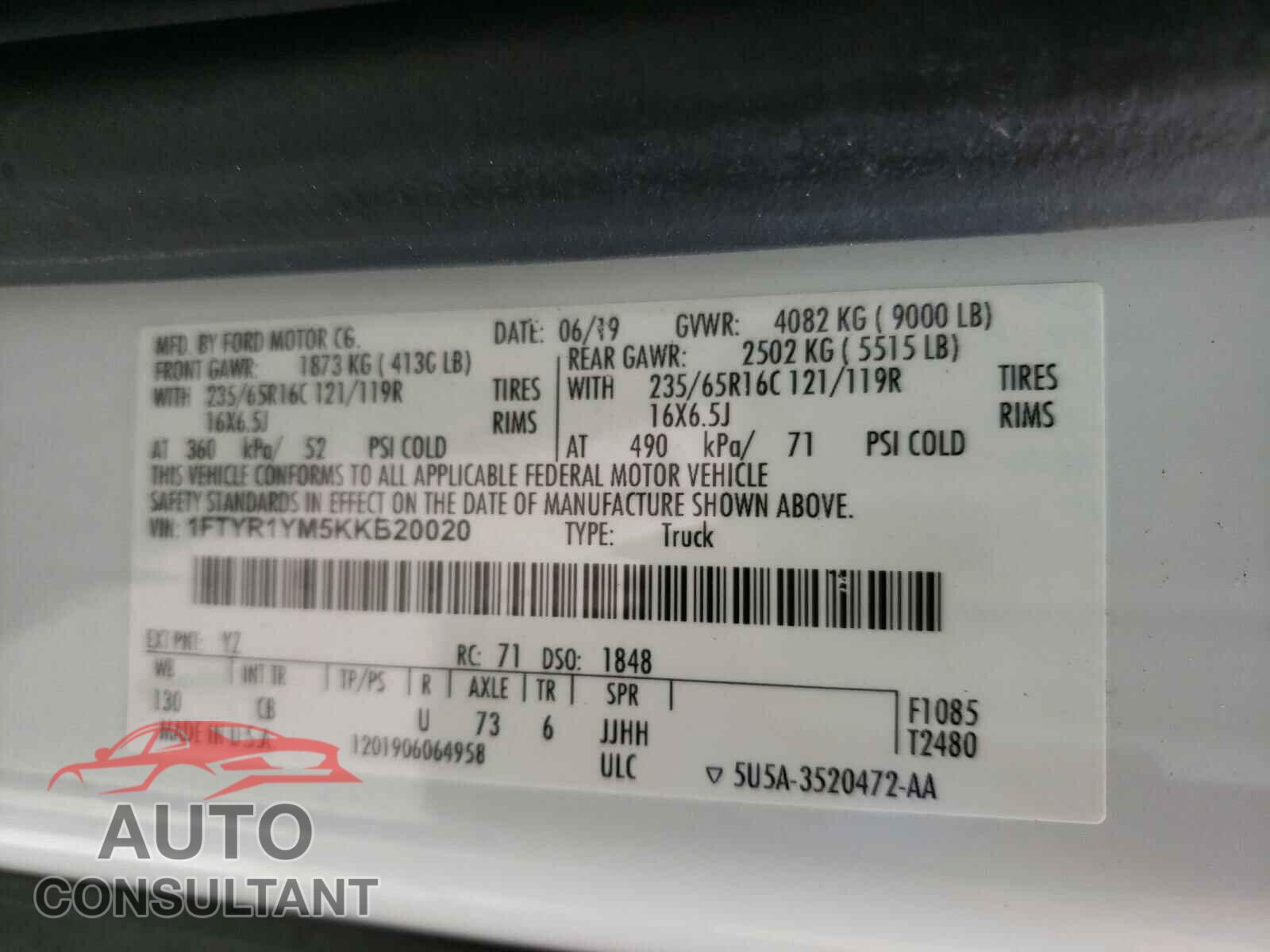 FORD TRANSIT CO 2019 - 1FTYR1YM5KKB20020