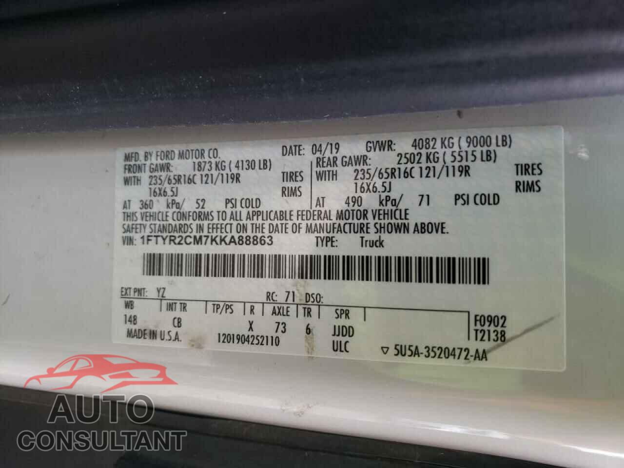 FORD TRANSIT CO 2019 - 1FTYR2CM7KKA88863