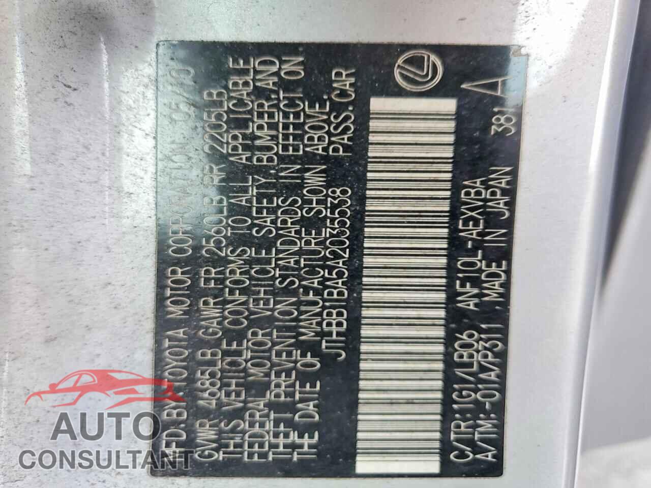 LEXUS HS 2010 - JTHBB1BA5A2035538