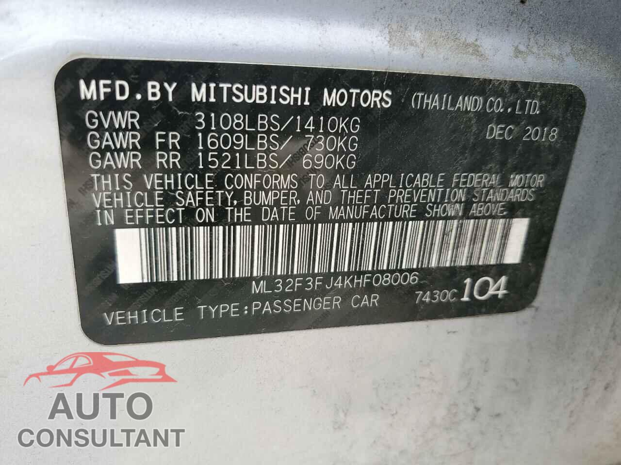 MITSUBISHI MIRAGE 2019 - ML32F3FJ4KHF08006