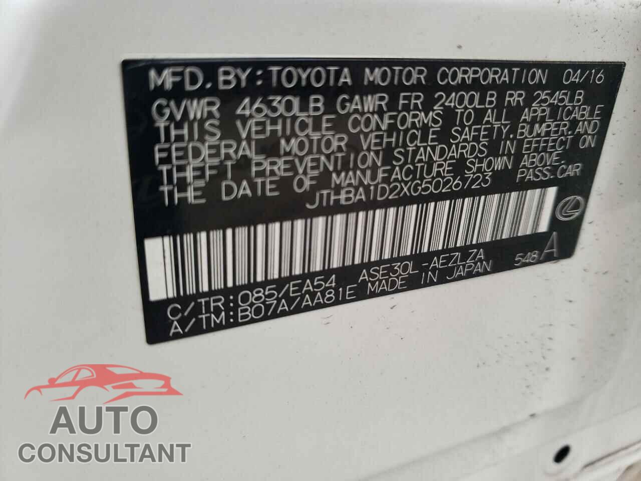 LEXUS IS 2016 - JTHBA1D2XG5026723