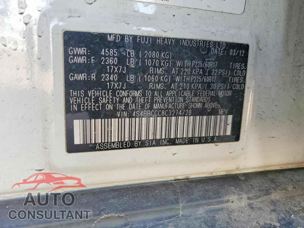 SUBARU LEGACY 2012 - 4S4BRCCC8C3274728
