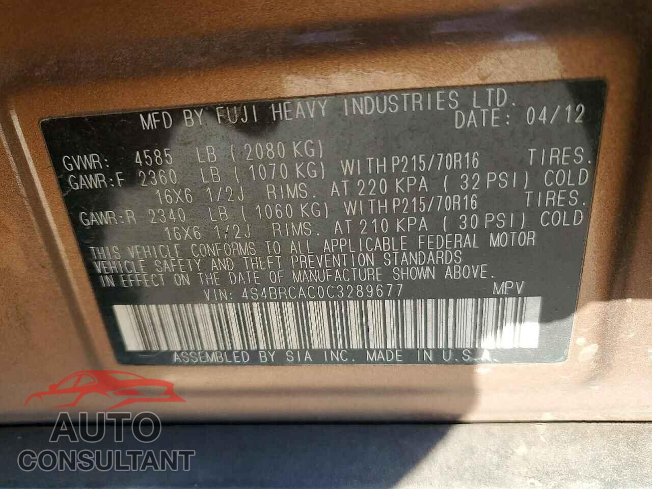 SUBARU OUTBACK 2012 - 4S4BRCAC0C3289677