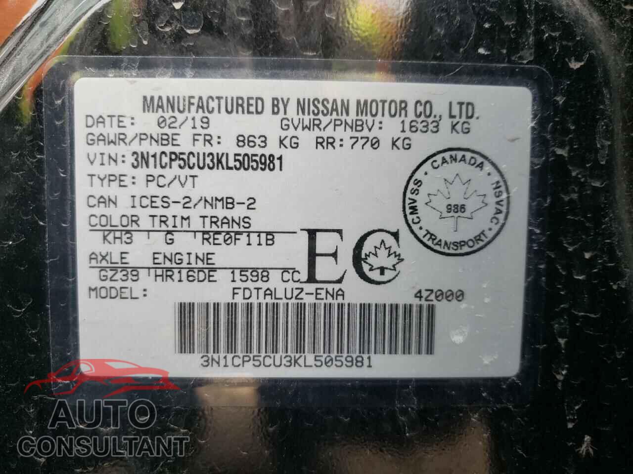 NISSAN KICKS 2019 - 3N1CP5CU3KL505981