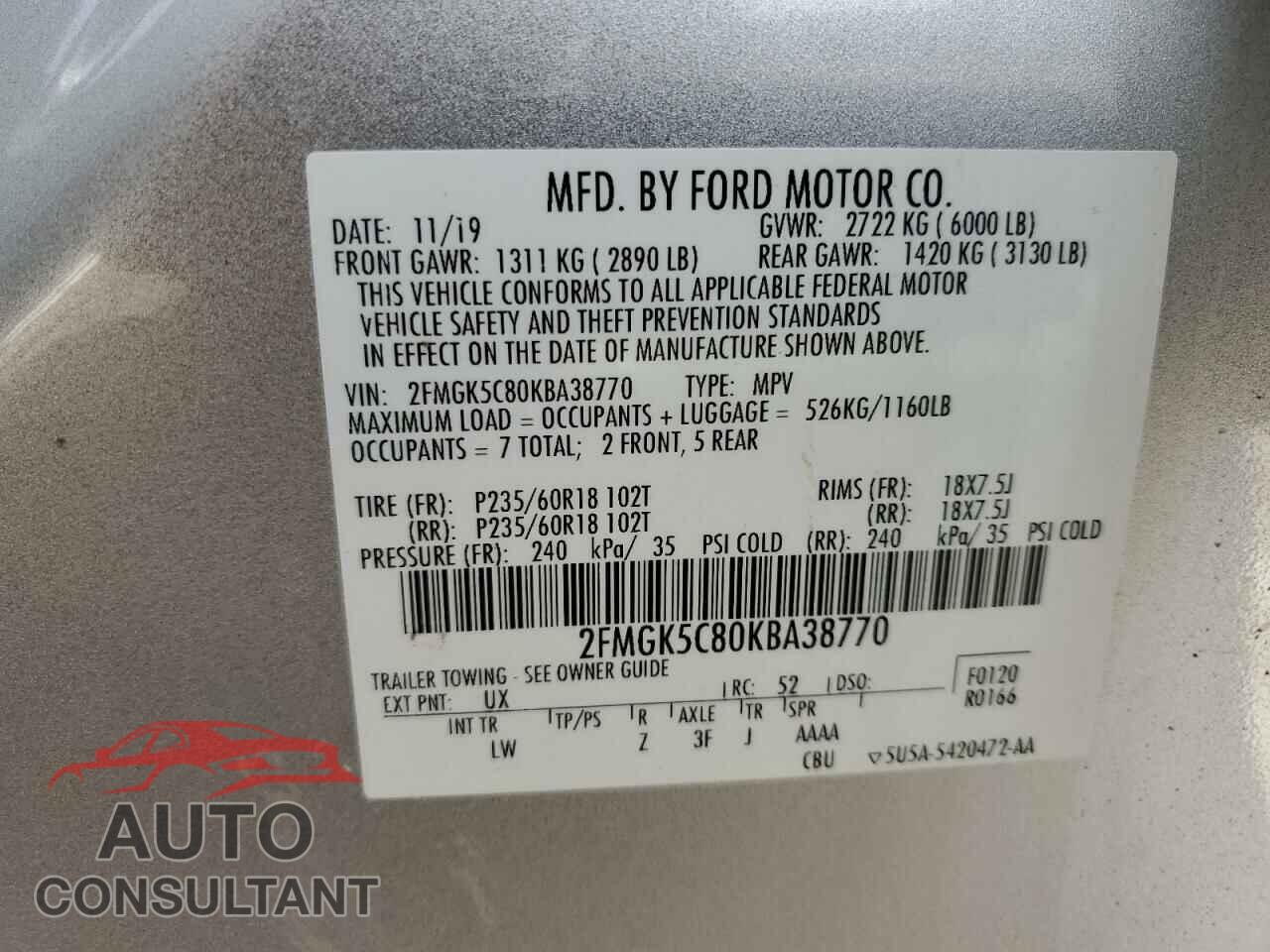 FORD FLEX 2019 - 2FMGK5C80KBA38770