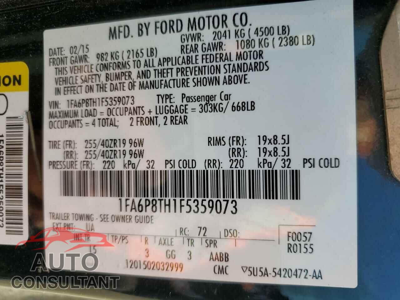 FORD MUSTANG 2015 - 1FA6P8TH1F5359073