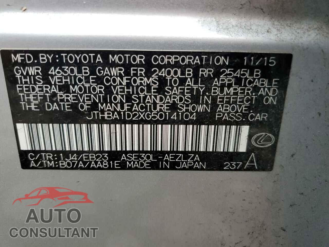 LEXUS IS 2016 - JTHBA1D2XG5014104