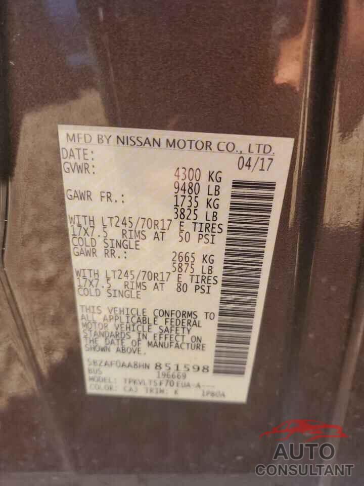 NISSAN NV 2017 - 5BZAF0AA8HN851598