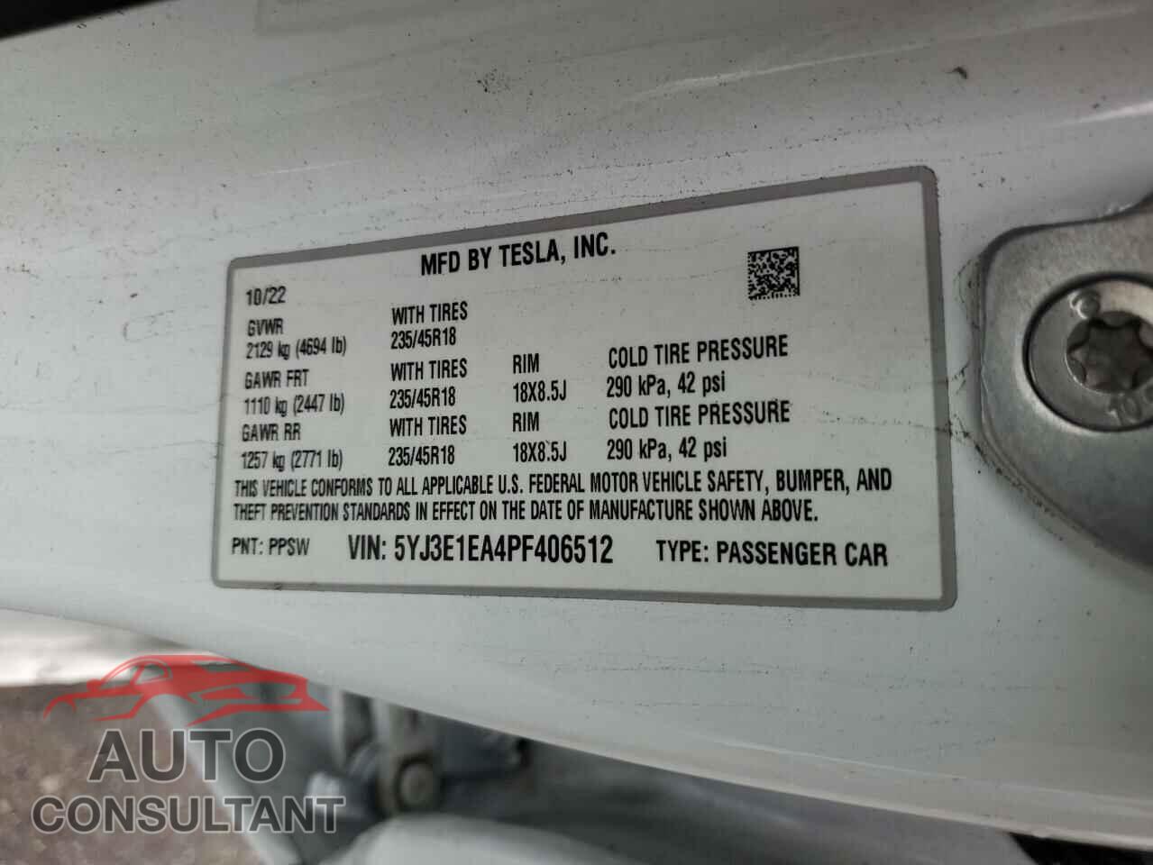 TESLA MODEL 3 2023 - 5YJ3E1EA4PF406512