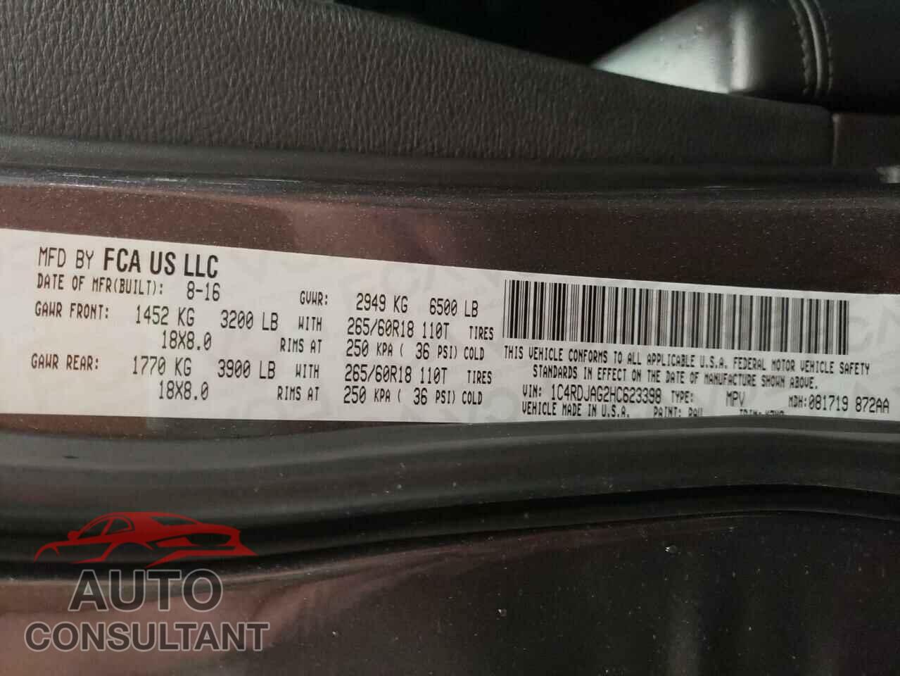 DODGE DURANGO 2017 - 1C4RDJAG2HC623398