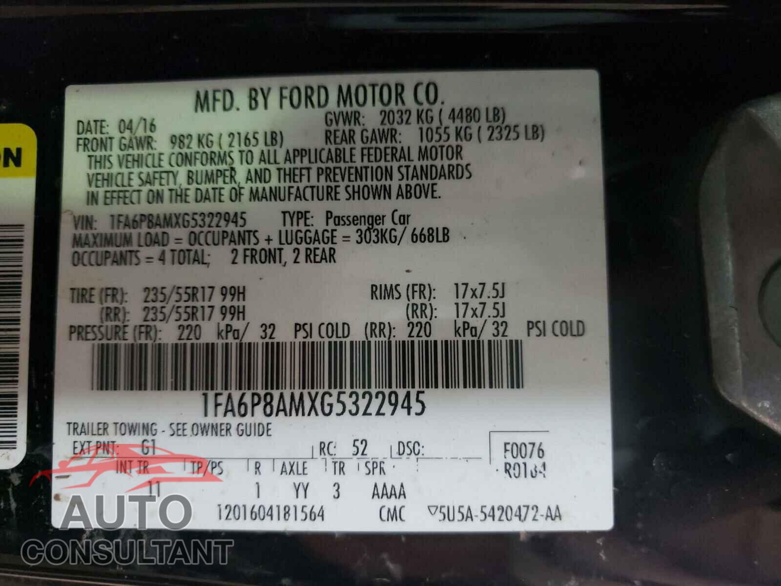 FORD MUSTANG 2016 - 1FA6P8AMXG5322945