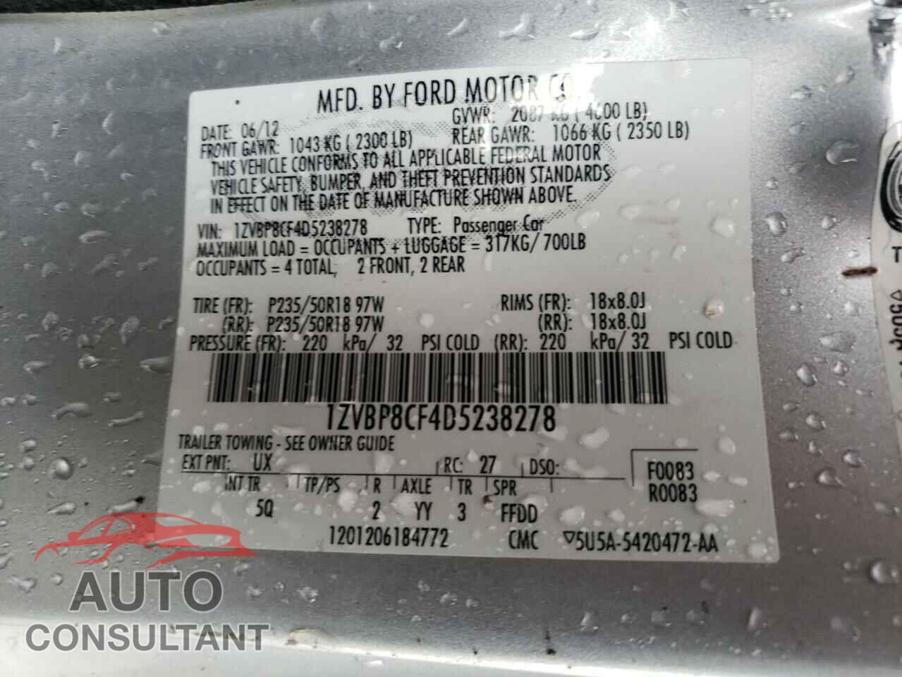 FORD MUSTANG 2013 - 1ZVBP8CF4D5238278
