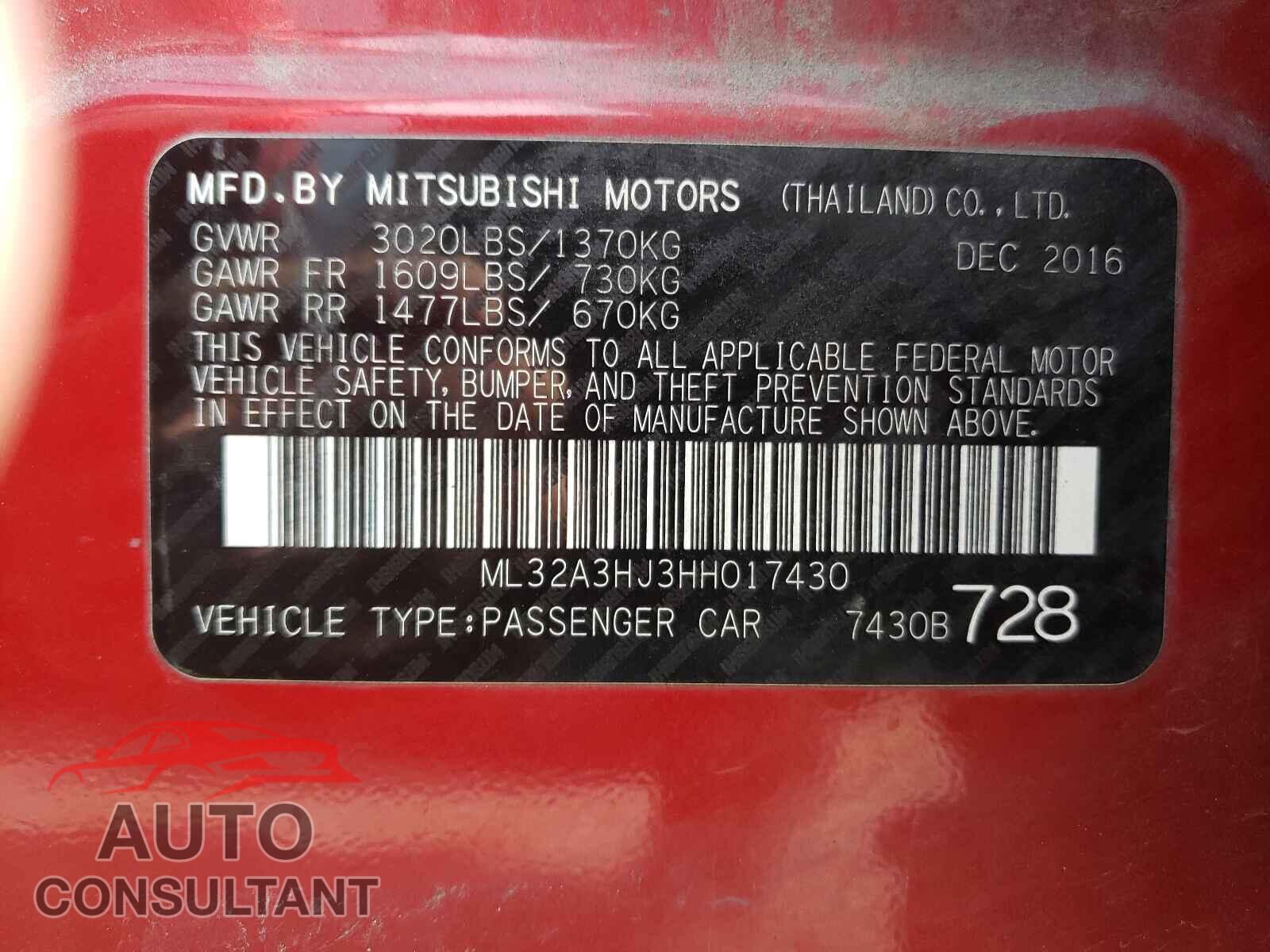 MITSUBISHI MIRAGE 2017 - ML32A3HJ3HH017430