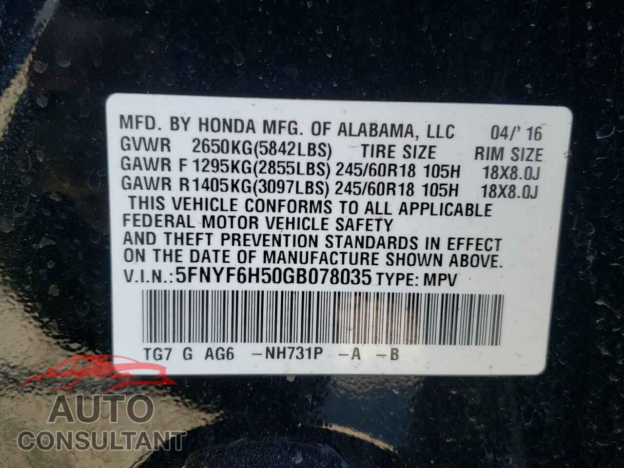 HONDA PILOT 2016 - 5FNYF6H50GB078035