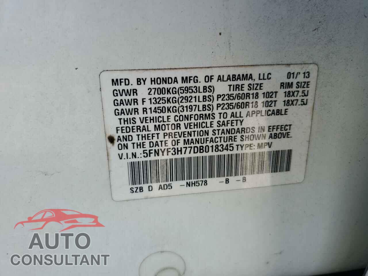 HONDA PILOT 2013 - 5FNYF3H77DB018345