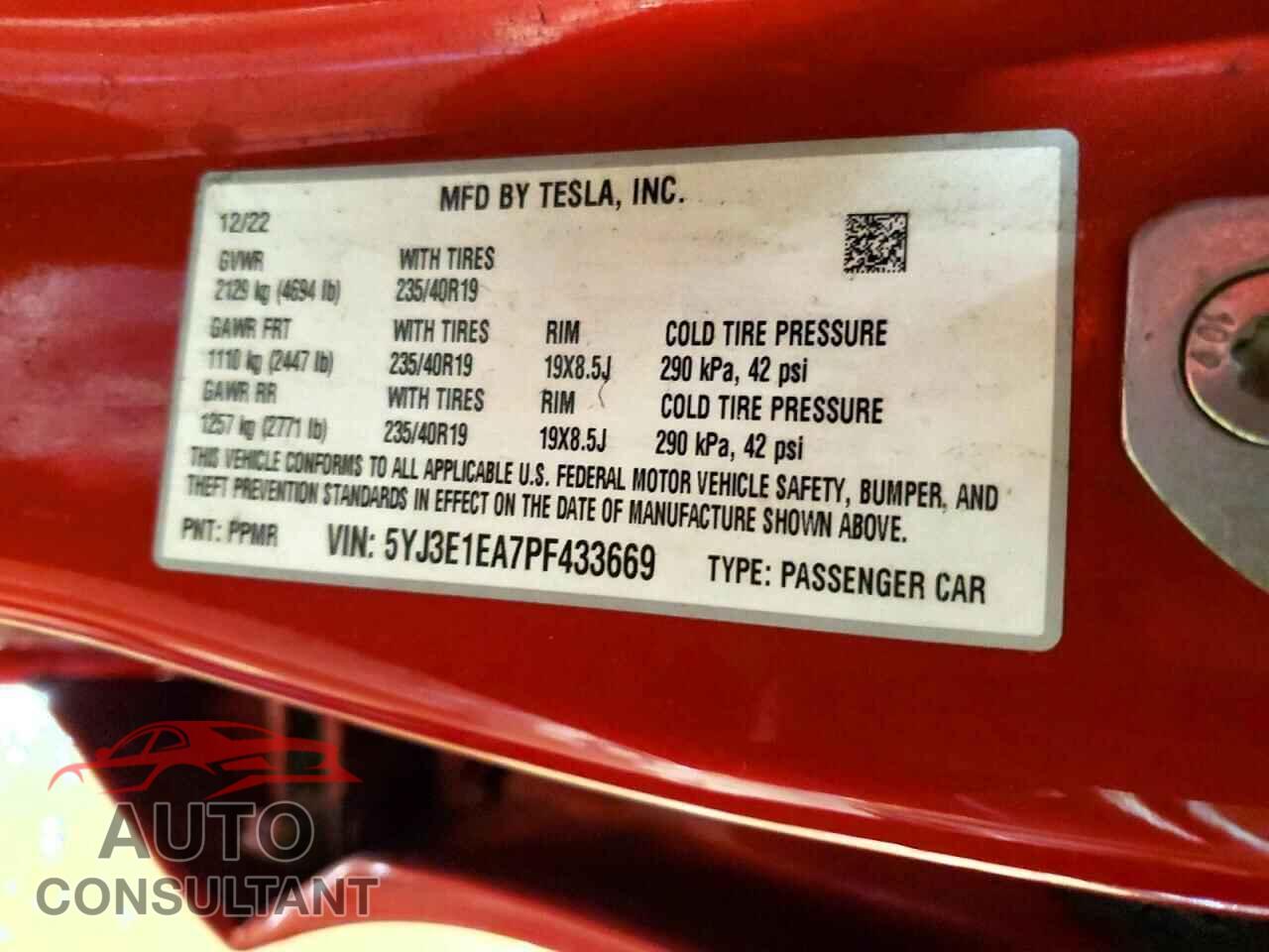 TESLA MODEL 3 2023 - 5YJ3E1EA7PF433669