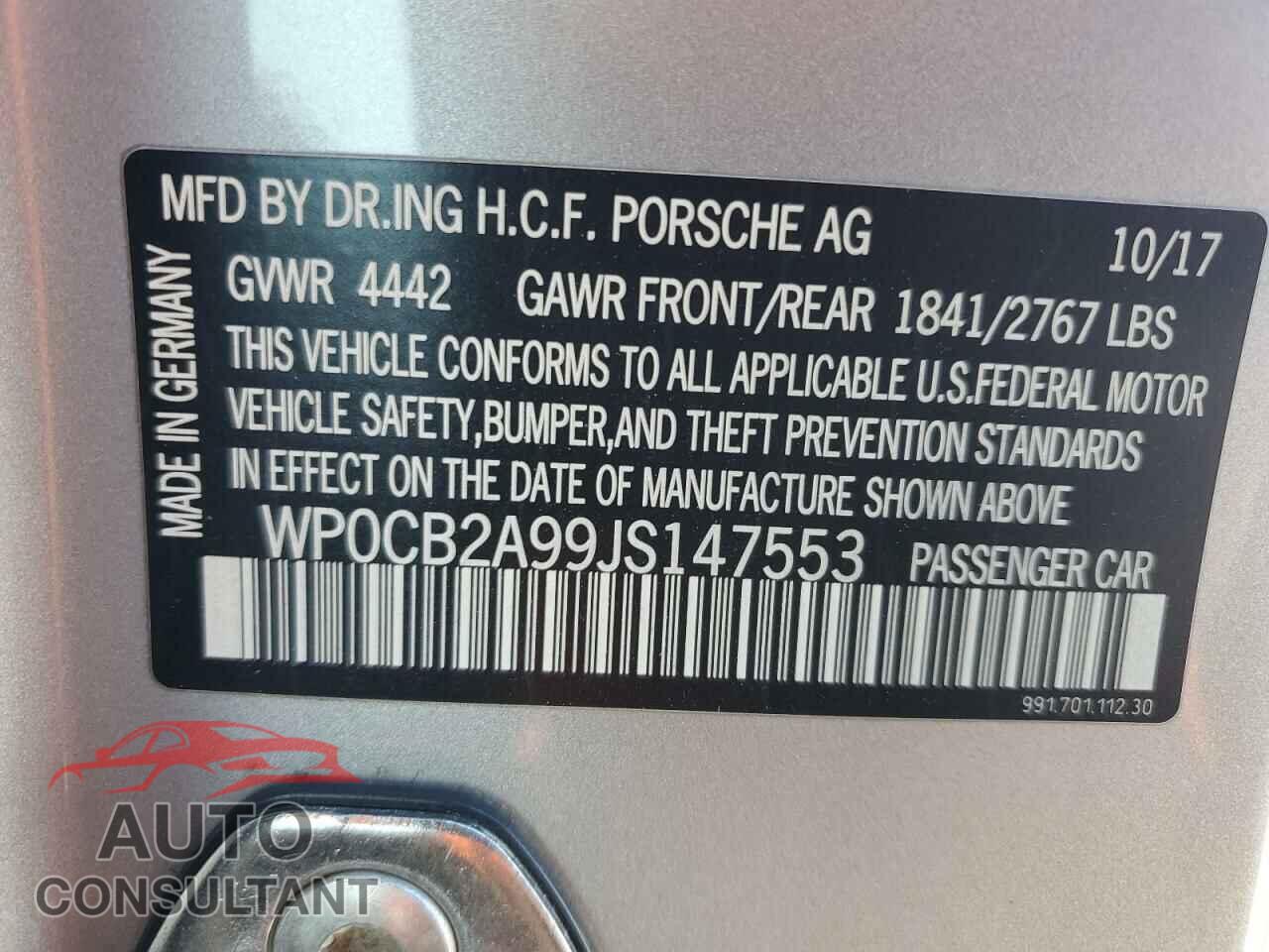 PORSCHE 911 2018 - WP0CB2A99JS147553