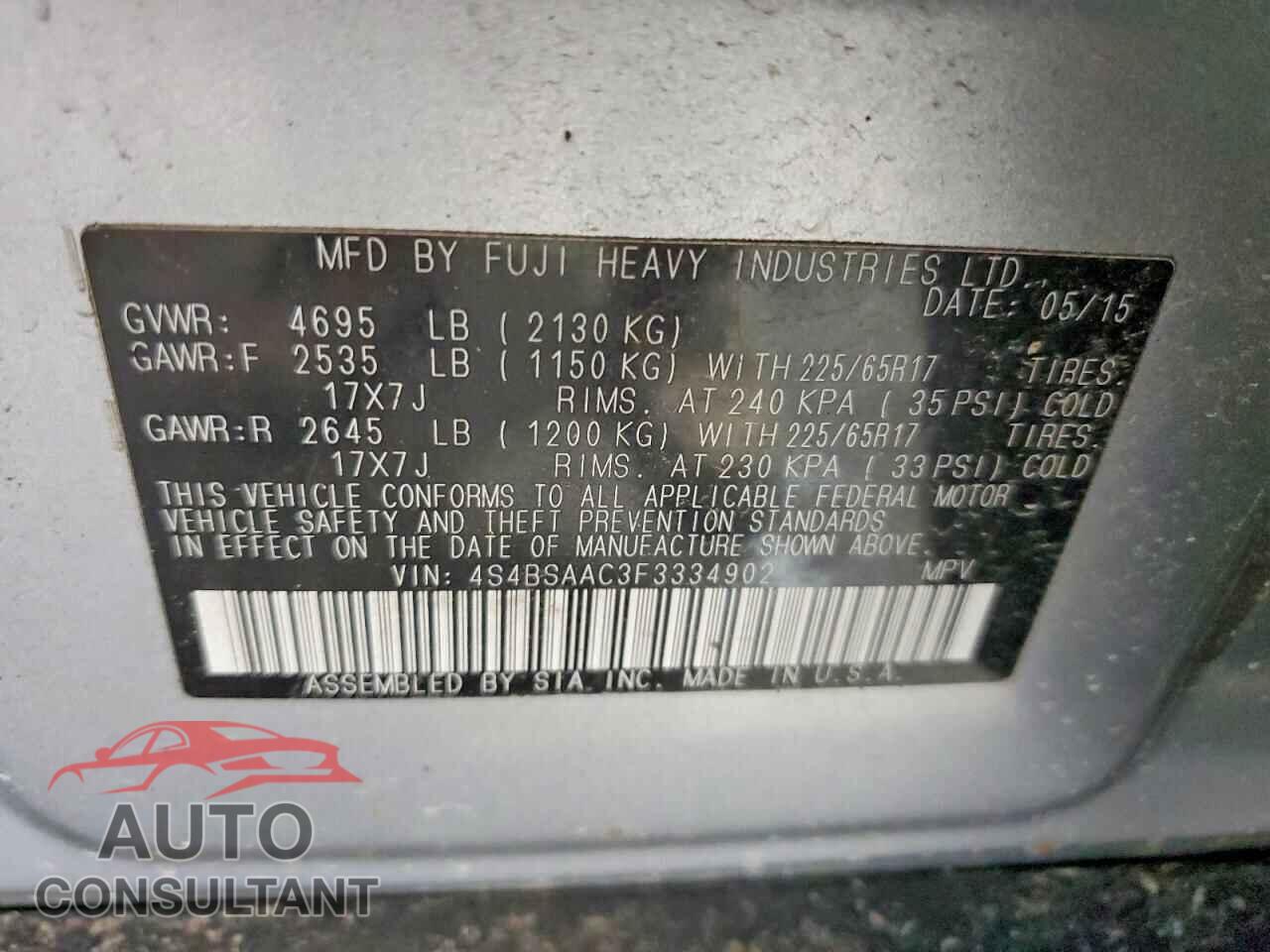 SUBARU OUTBACK 2015 - 4S4BSAAC3F3334902
