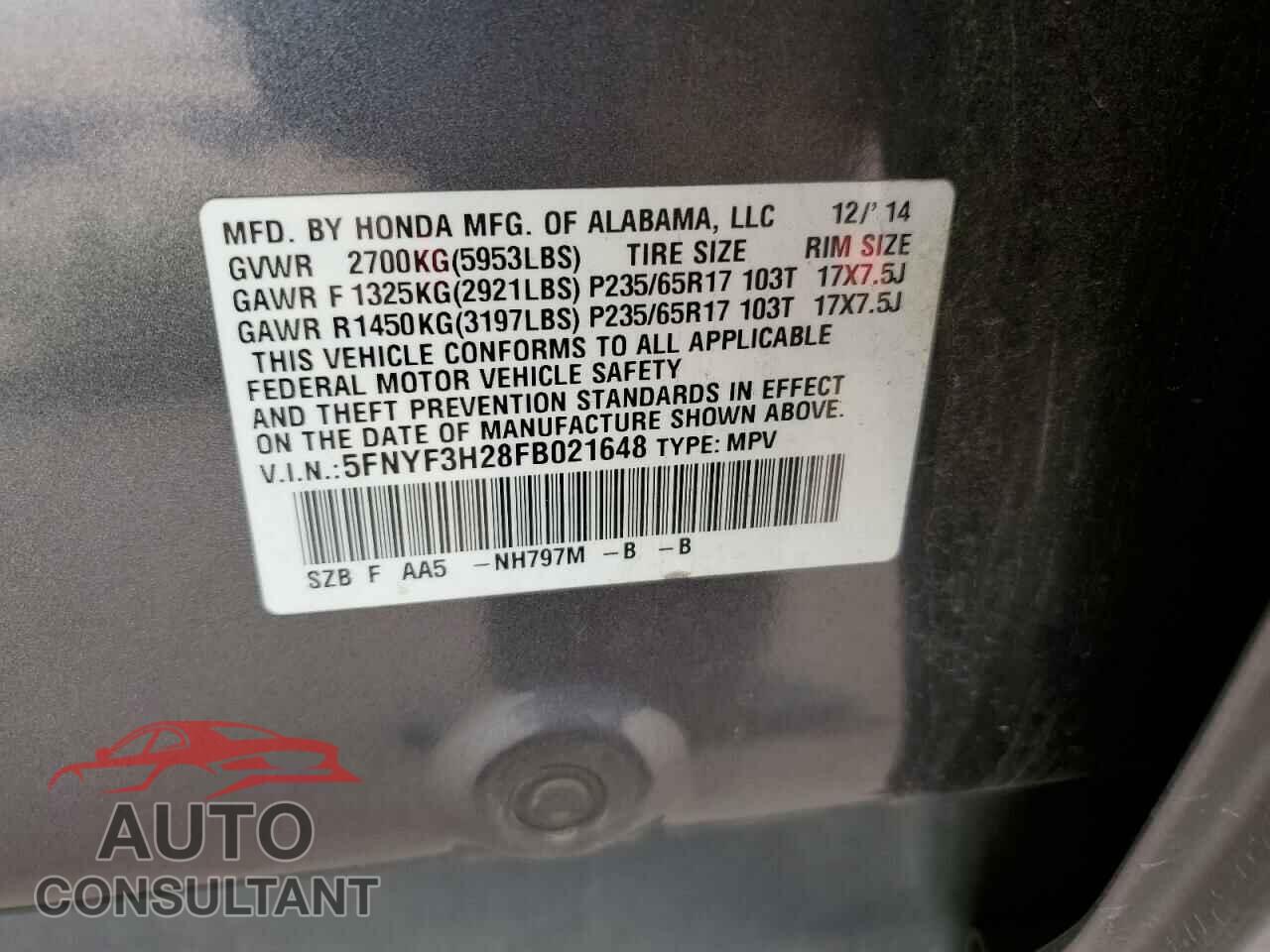 HONDA PILOT 2015 - 5FNYF3H28FB021648