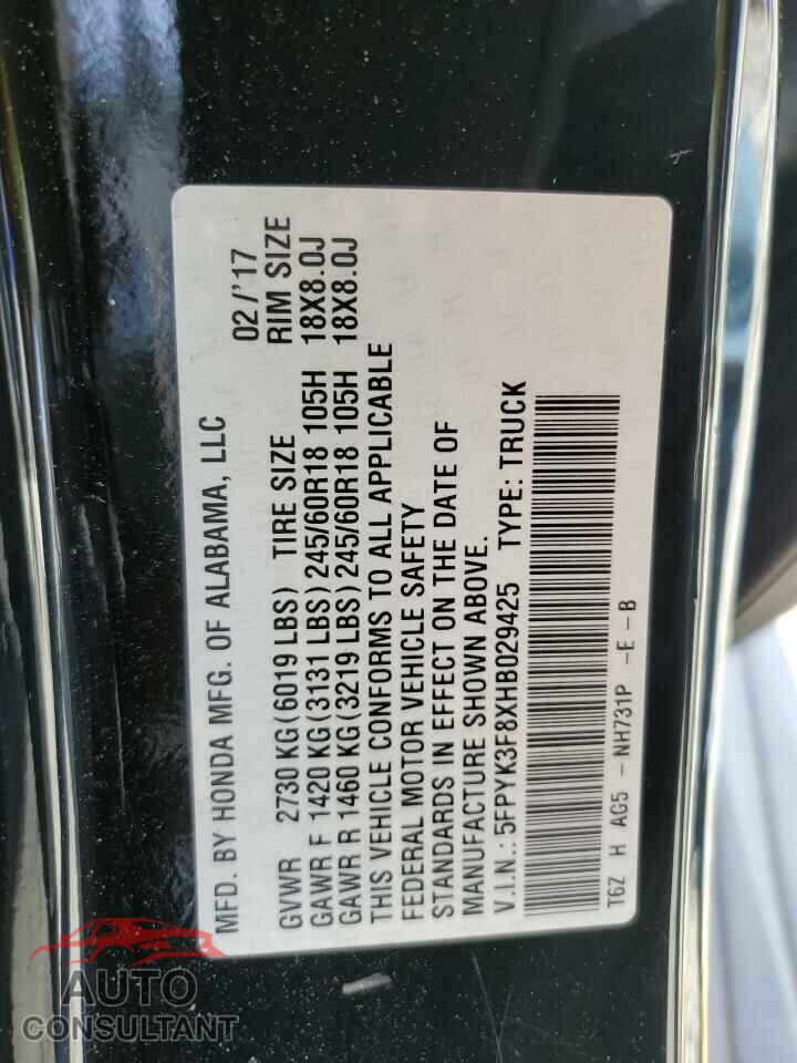 HONDA RIDGELINE 2017 - 5FPYK3F8XHB029425