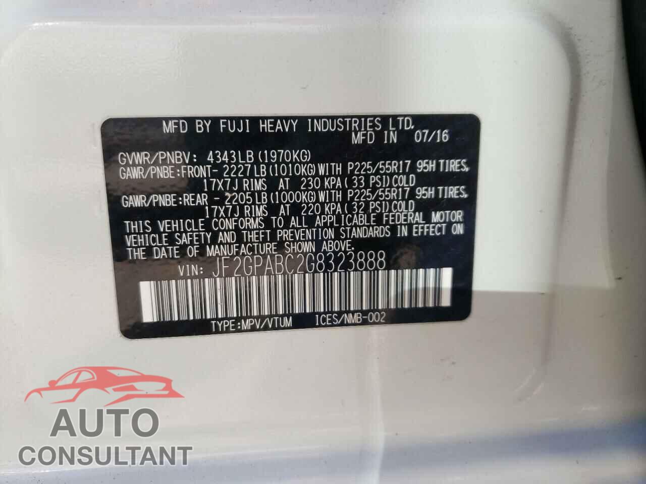SUBARU CROSSTREK 2016 - JF2GPABC2G8323888