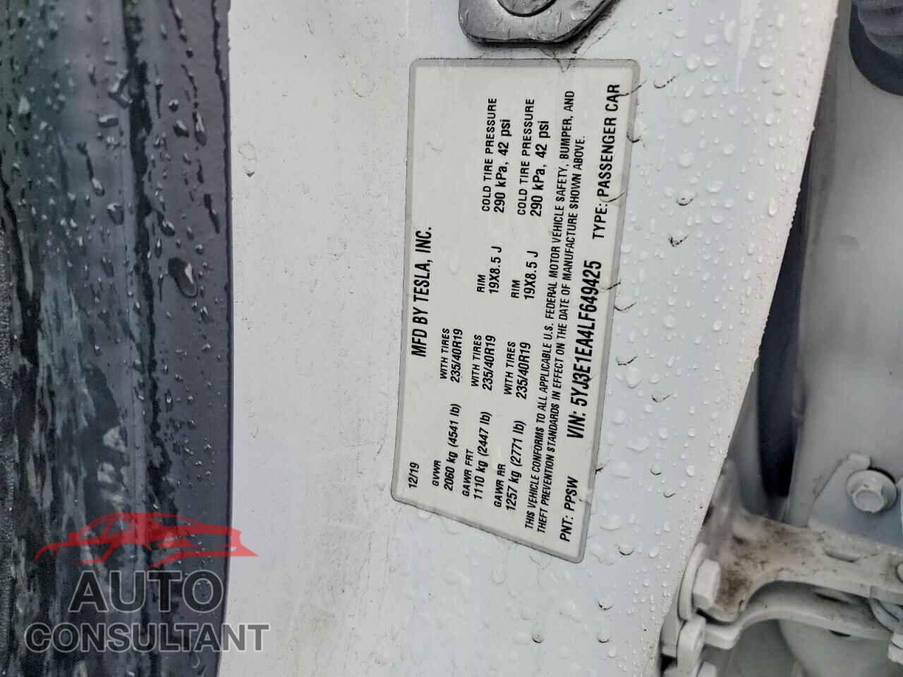 TESLA MODEL 3 2020 - 5YJ3E1EA4LF649425