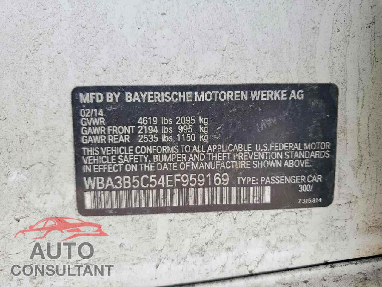 BMW 3 SERIES 2014 - WBA3B5C54EF959169