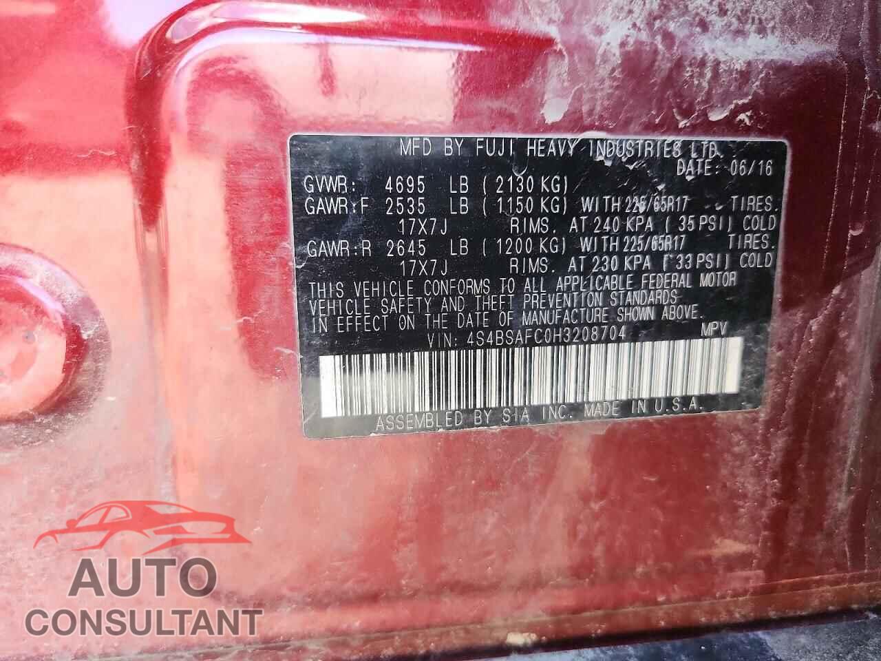 SUBARU OUTBACK 2017 - 4S4BSAFC0H3208704