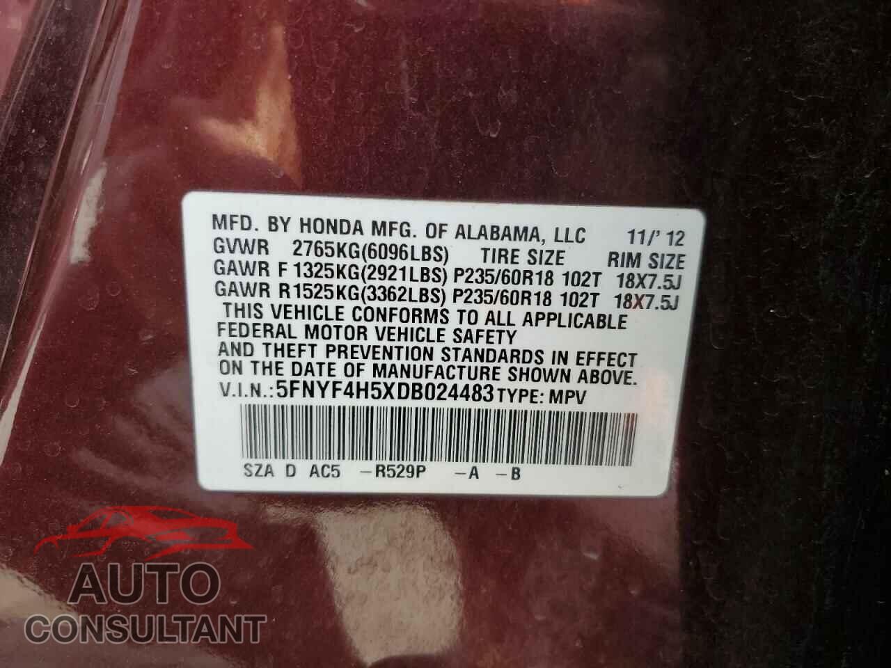 HONDA PILOT 2013 - 5FNYF4H5XDB024483