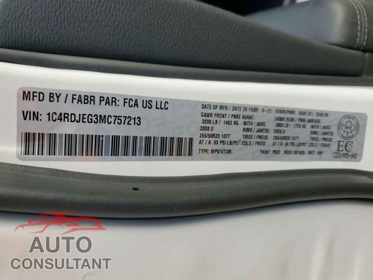 DODGE DURANGO 2021 - 1C4RDJEG3MC757213