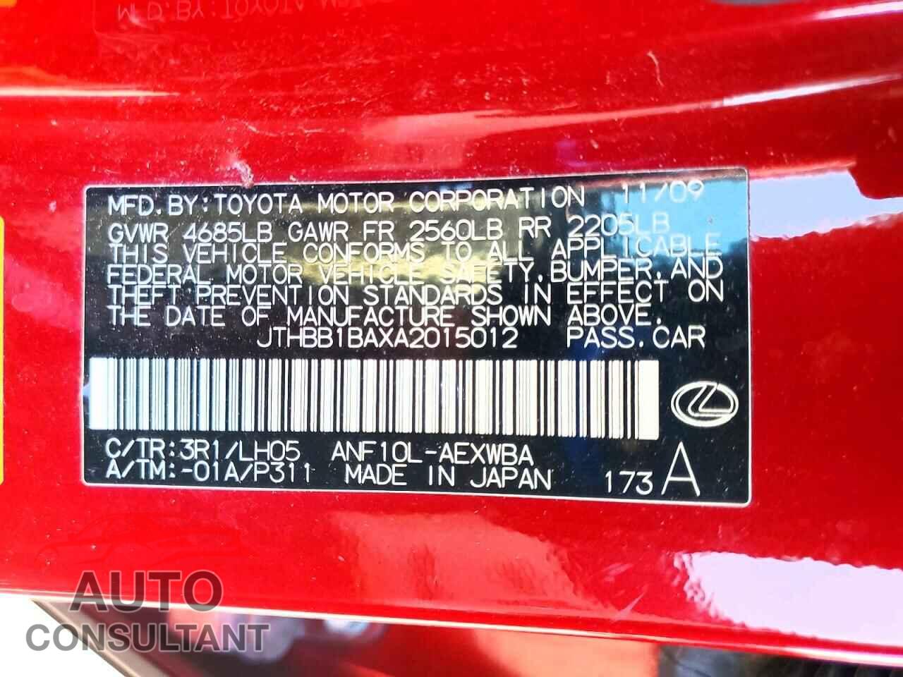 LEXUS HS 250H 2010 - JTHBB1BAXA2015012