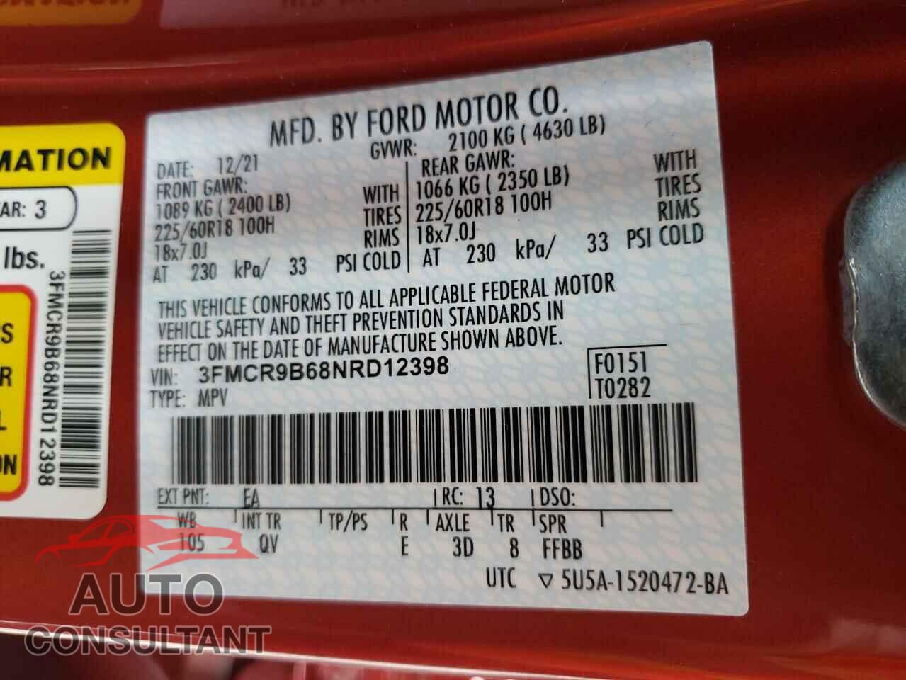 FORD BRONCO 2022 - 3FMCR9B68NRD12398