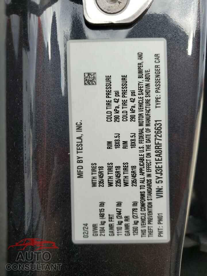 TESLA MODEL 3 2024 - 5YJ3E1EA8RF726631