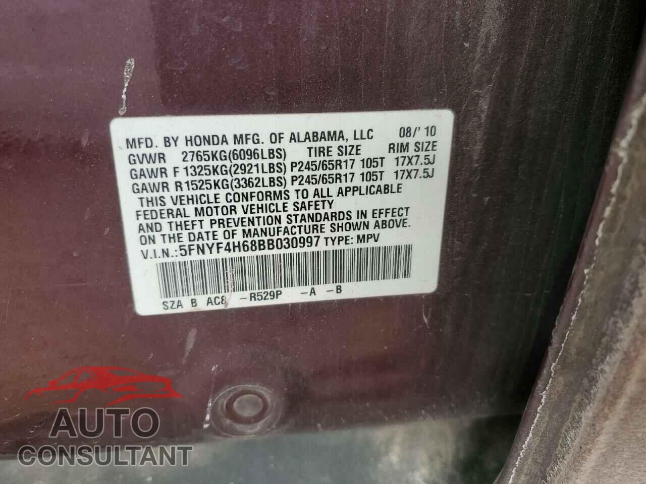 HONDA PILOT 2011 - 5FNYF4H68BB030997