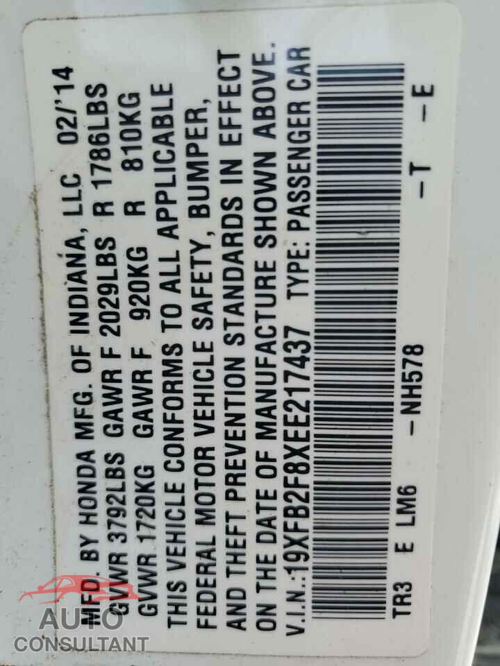 HONDA CIVIC 2014 - 19XFB2F8XEE217437