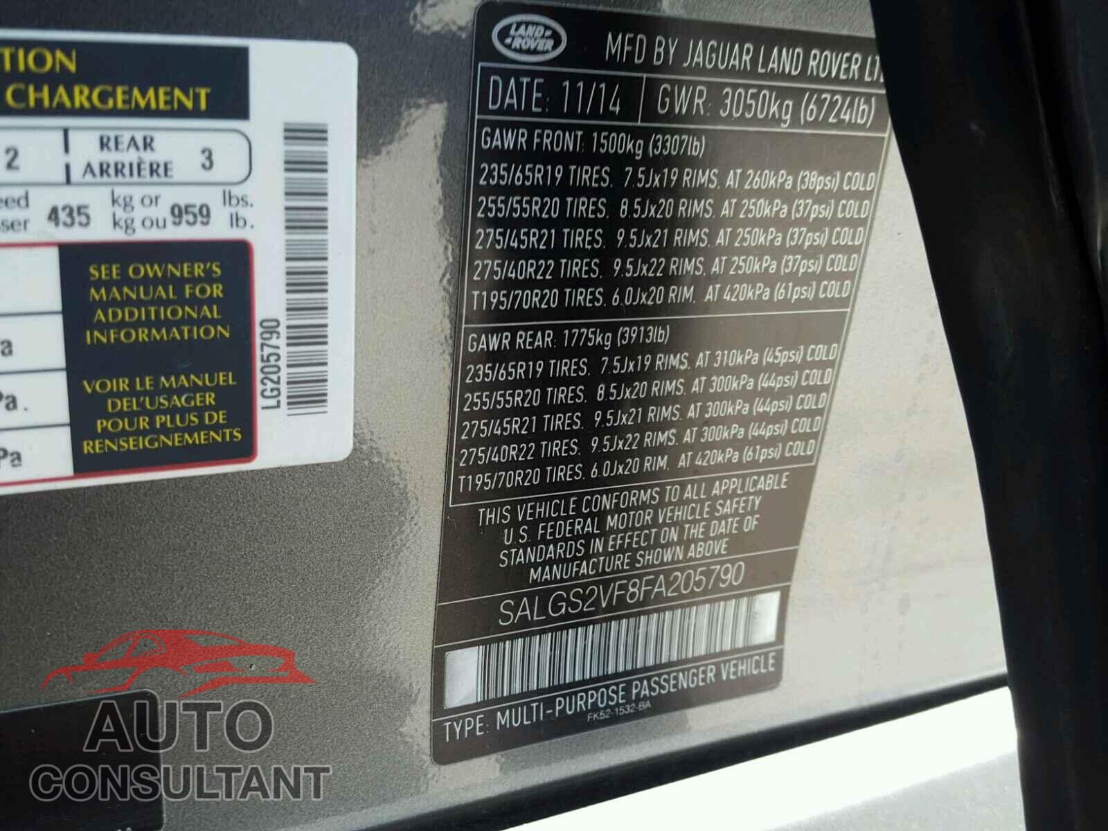 LAND ROVER RANGE ROVER HSE 2015 - SALGS2VF8FA205790
