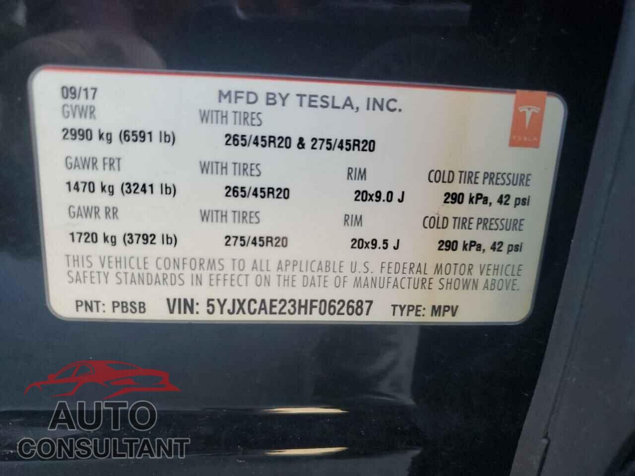 TESLA MODEL X 2017 - 5YJXCAE23HF062687