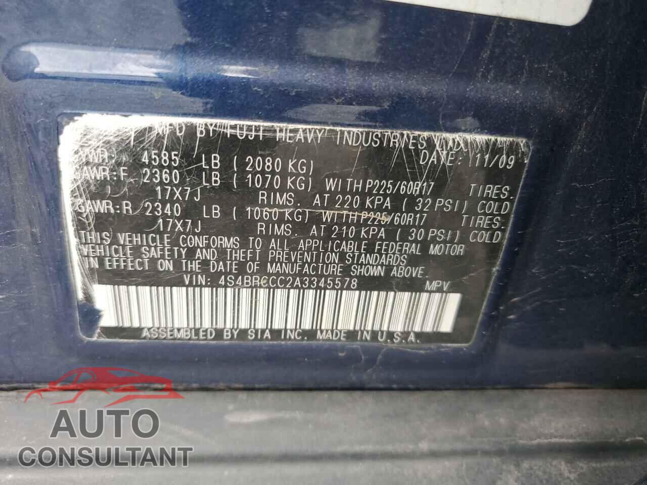 SUBARU OUTBACK 2010 - 4S4BRCCC2A3345578