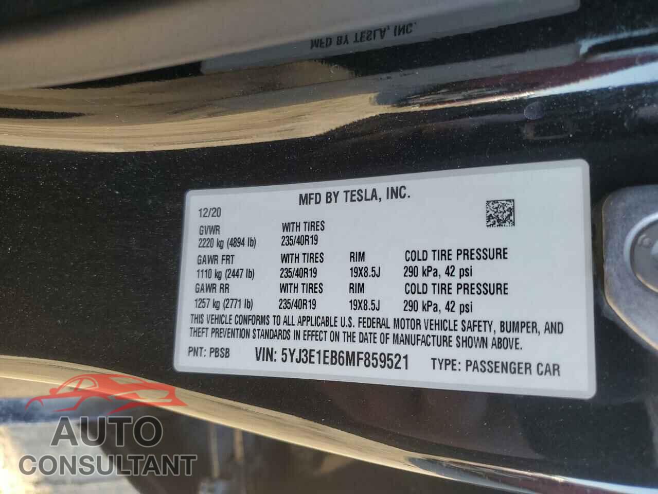 TESLA MODEL 3 2021 - 5YJ3E1EB6MF859521
