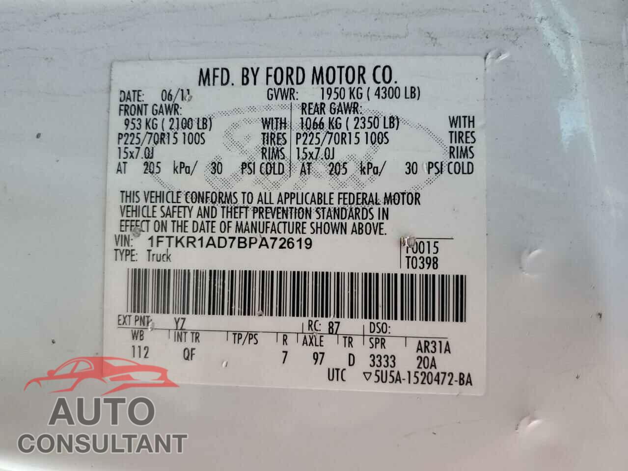 FORD RANGER 2011 - 1FTKR1AD7BPA72619