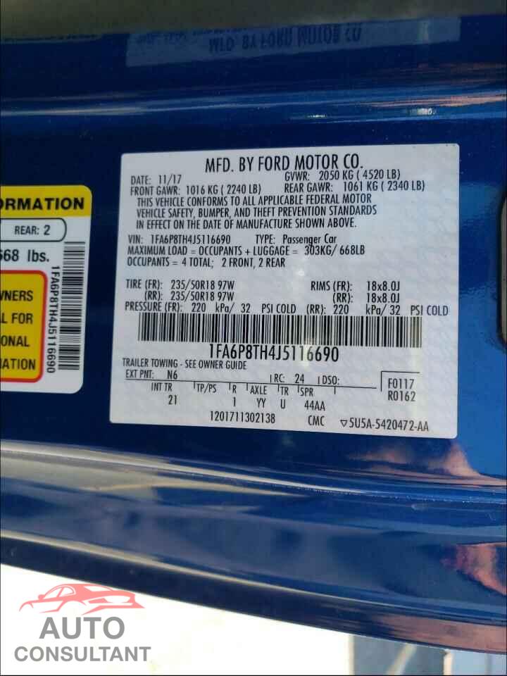 FORD MUSTANG 2018 - 1FA6P8TH4J5116690