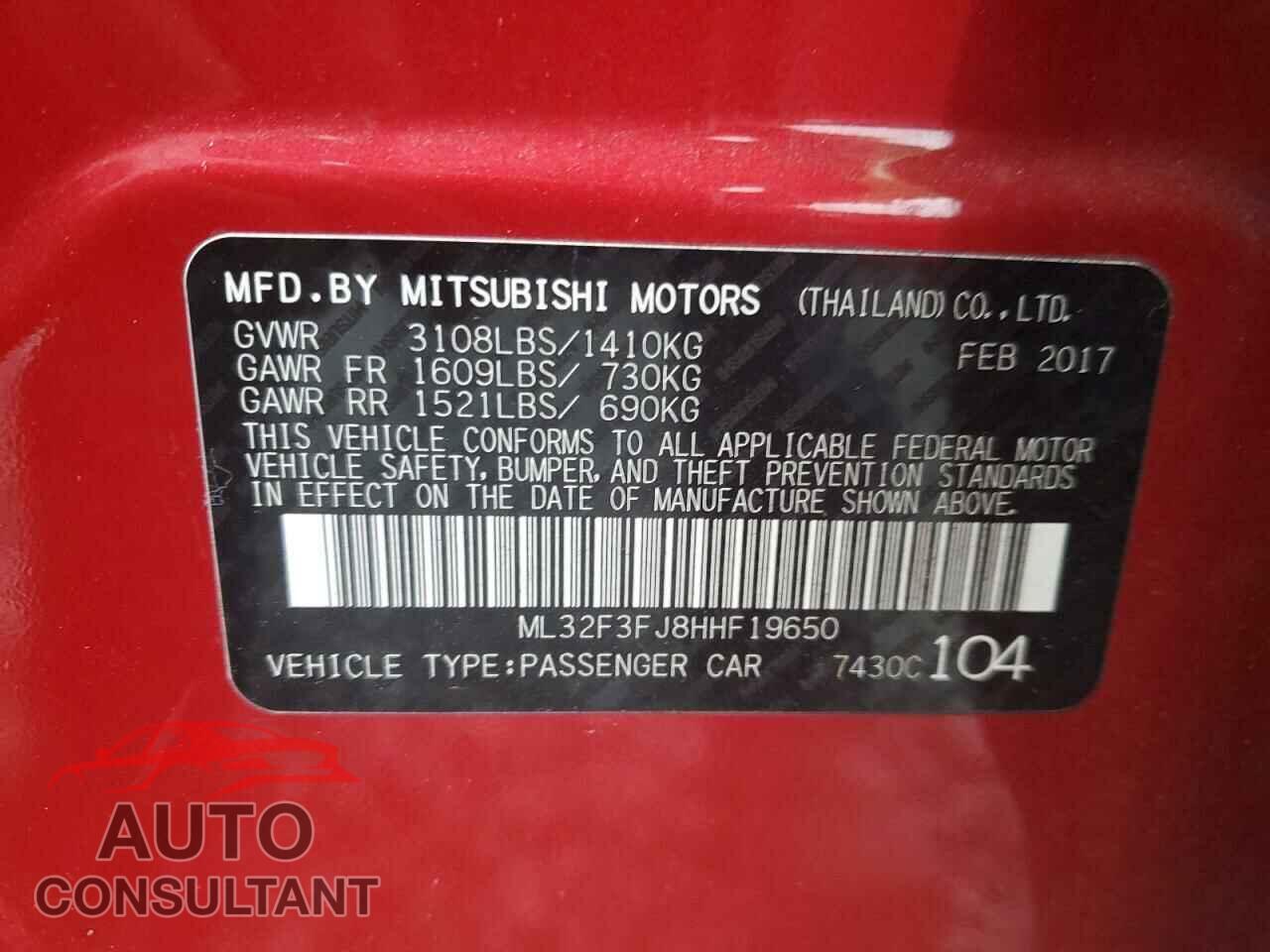 MITSUBISHI MIRAGE 2017 - ML32F3FJ8HHF19650