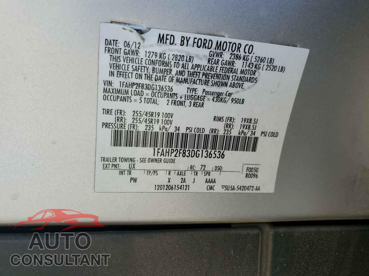 FORD TAURUS 2013 - 1FAHP2F83DG136536