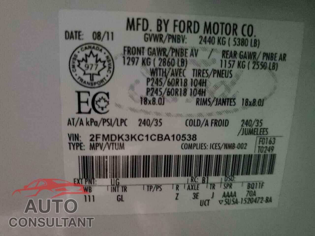 FORD EDGE 2012 - 2FMDK3KC1CBA10538