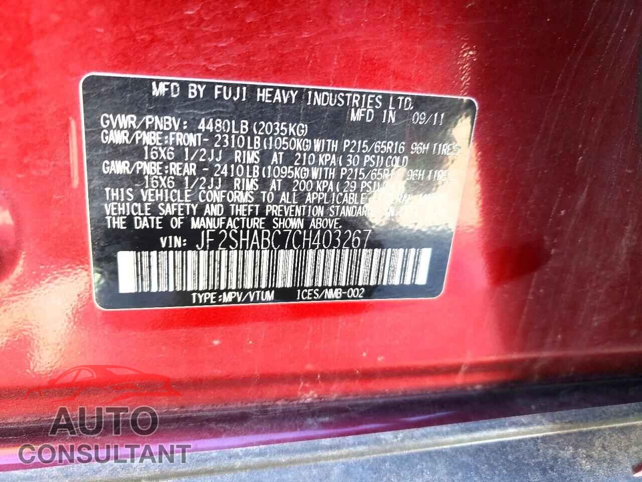 SUBARU FORESTER 2012 - JF2SHABC7CH403267
