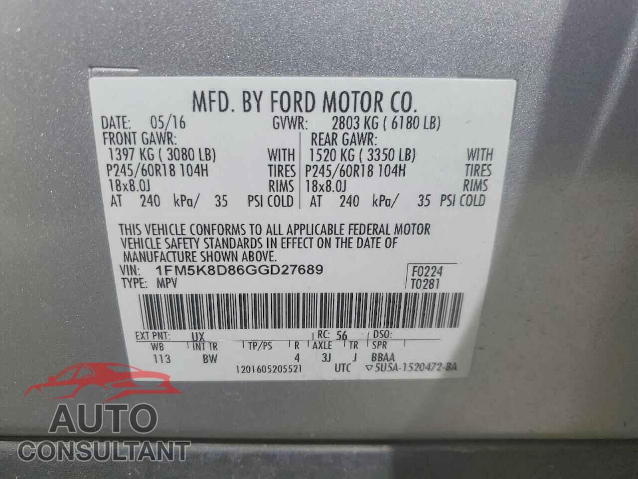 FORD EXPLORER 2016 - 1FM5K8D86GGD27689