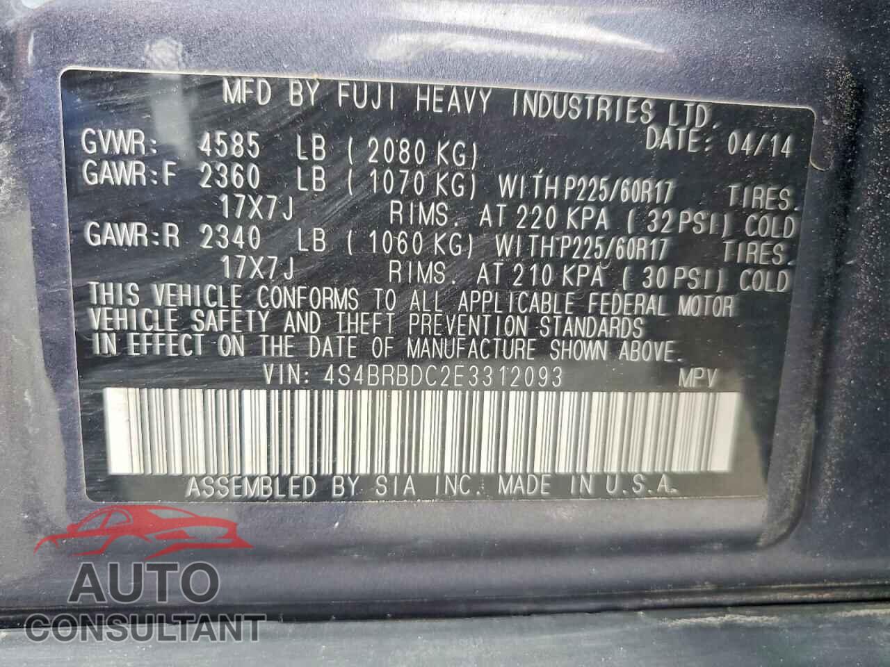 SUBARU OUTBACK 2014 - 4S4BRBDC2E3312093