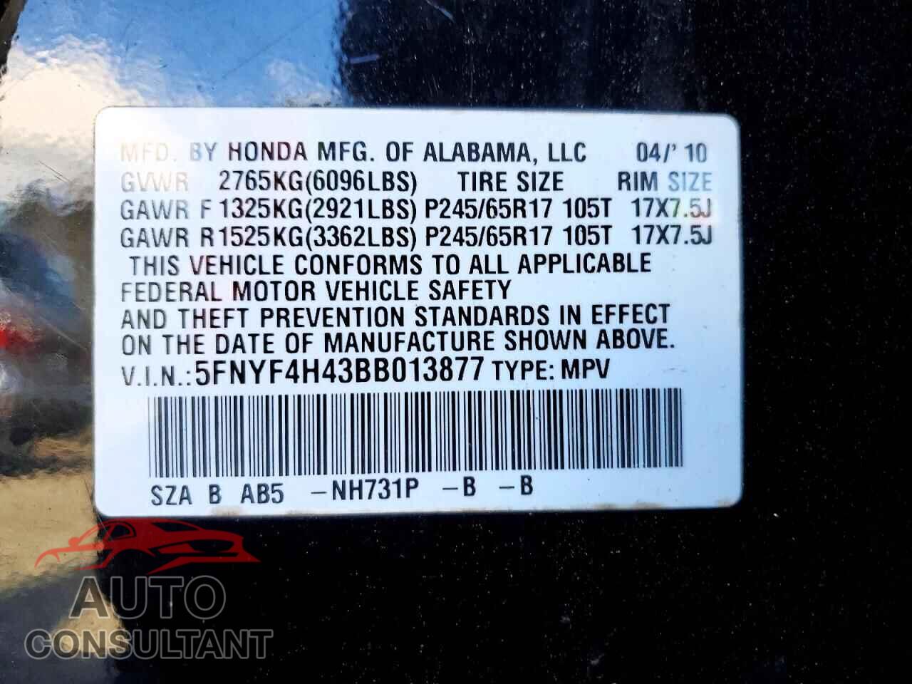 HONDA PILOT 2011 - 5FNYF4H43BB013877